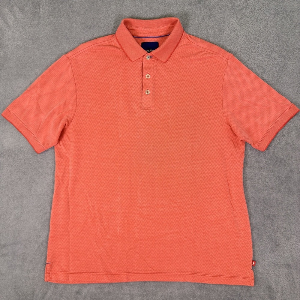 Tommy Bahama Polo Shirt Mens Large Salmon Pink Herringbone Short Sleeve Stretch